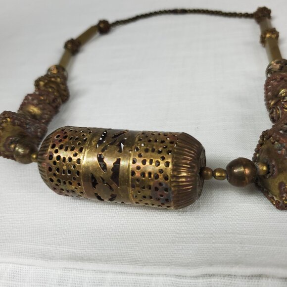 Vintage Unique Brass Metal Large Ornate Beading Necklace - Picture 2 of 14